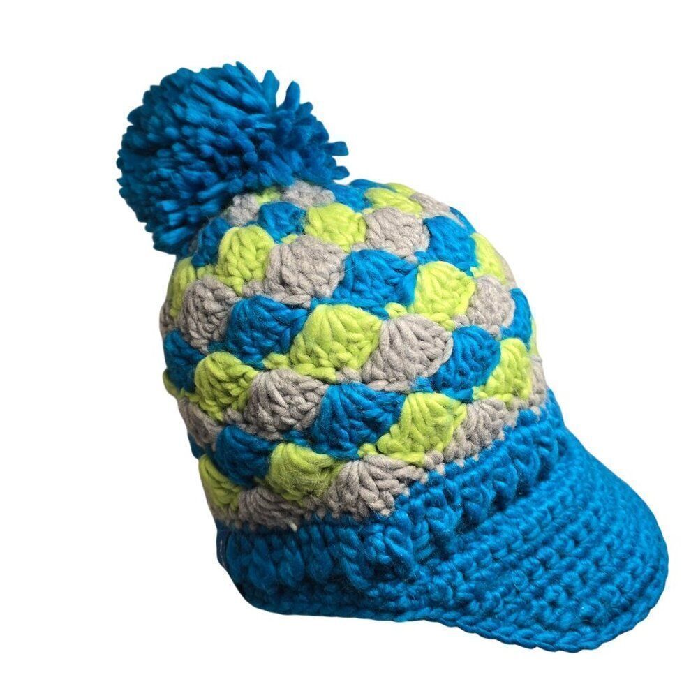Crochet Pom-Pom Beanie With Visor In Blue Green & Gray ski outdoors colorfull